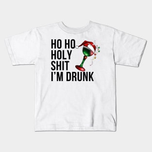 Christmas Humor. Rude, Offensive, Inappropriate Christmas Design. Ho Ho Holy Shit I'm Drunk. Black Writing with Christmas Lights Wine Glass and Santa Hat Kids T-Shirt
